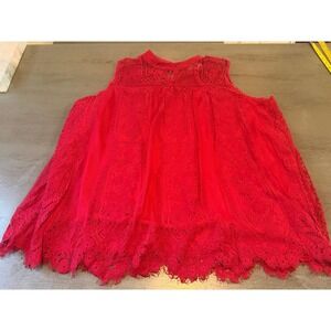 Eve & Maddie Red Floral Lace Sleeveless Blouse High Neck Keyhole Back 2X Plus